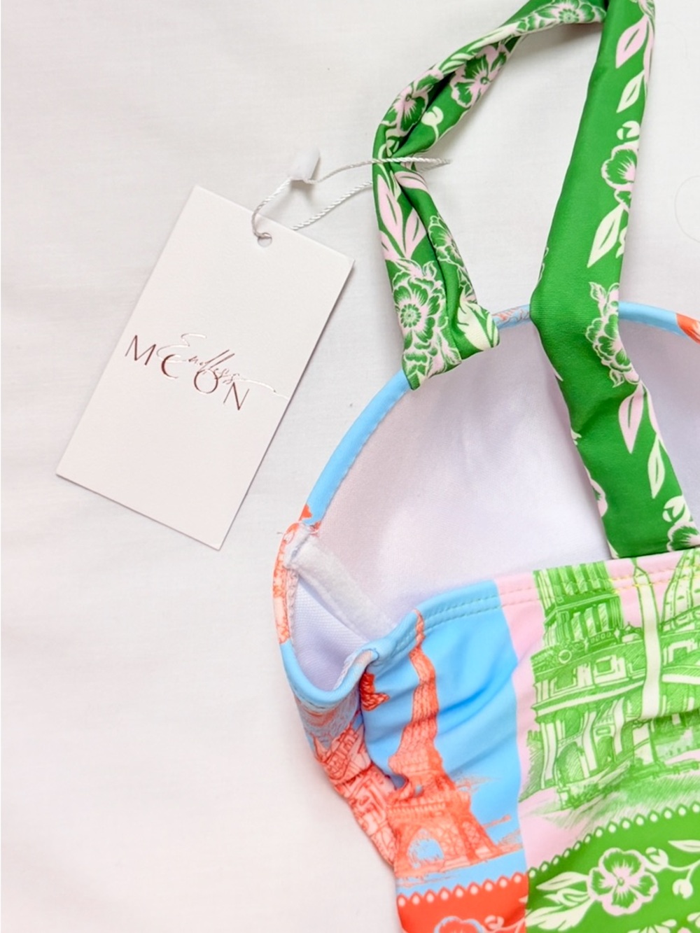 Endless Moon Colorful Toile One Piece Swimsuit S Underwire Padded Belted New - Picture 5 of 13